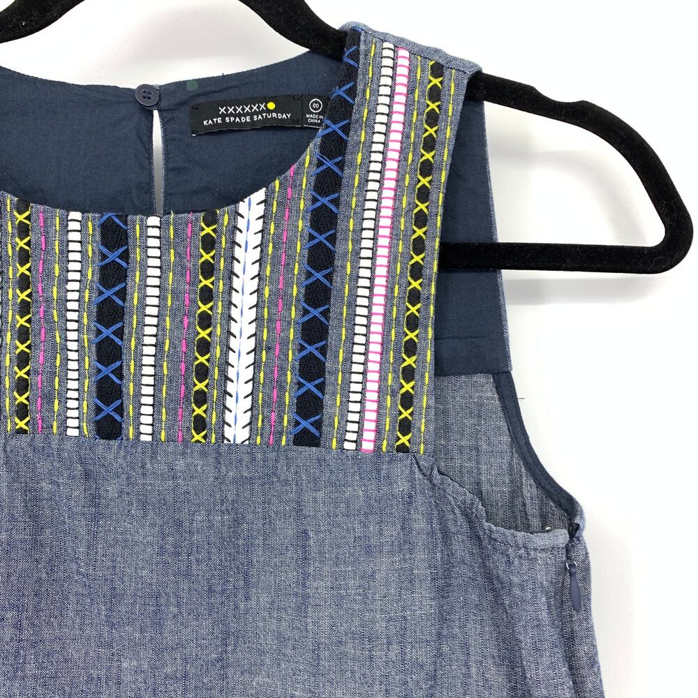 Kate Spade Saturday Chambray Mini Dress Womens Size 00 Embroidered Detail - Picture 3 of 6
